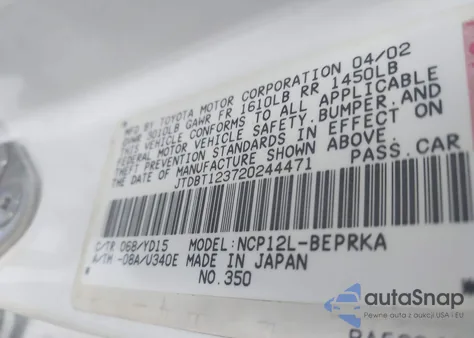 2002 Toyota Echo z USA, uszkodzony, nr VIN JTDBT123720244471